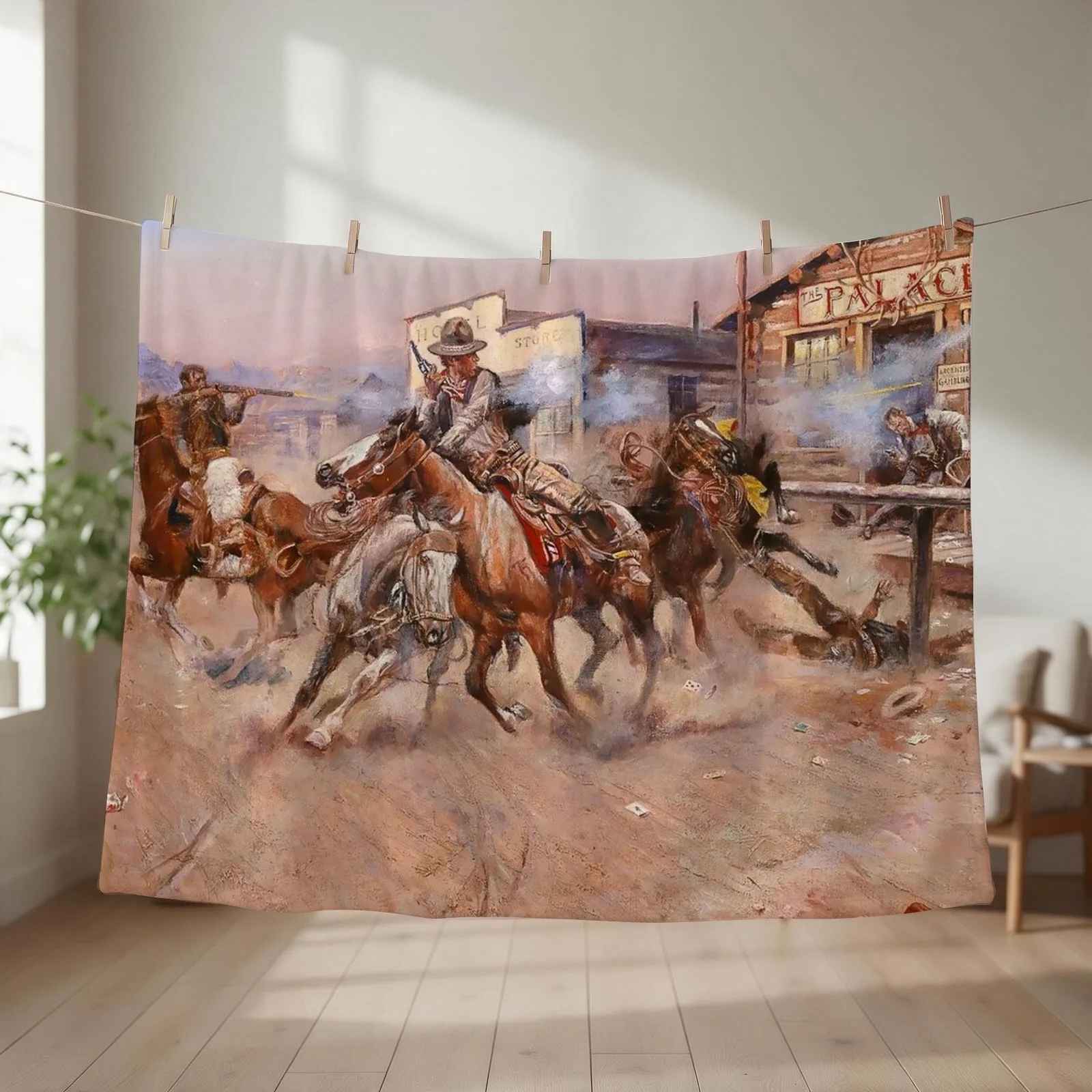 “Smoke of a ‘45” by Charles M Russell Throw Blanket couch cozy soft plush fuzzy picnic outdoor blanket