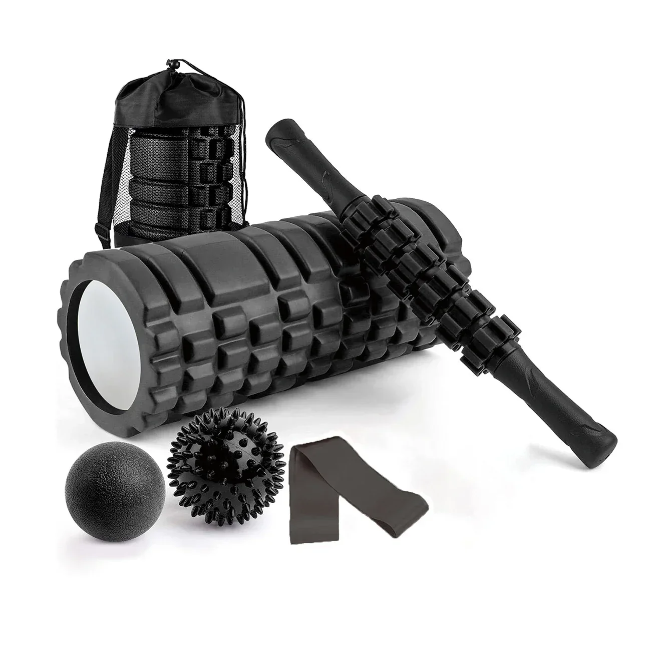 6 in 1 Yoga Training Tools, Foam Roller, Massage Stick, Tension Band and 2 Massage Balls for Fitness, Yoga, Pilates  Yoga Roller