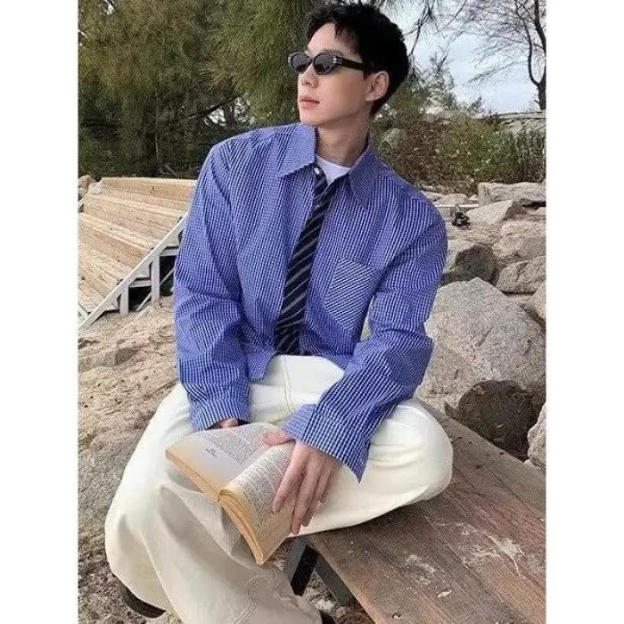 

American Vintage Lazy Loose Blue Plaid Shirt Men Women Trendy All Match Couple Casual Long Sleeve Turn Collar Shirt