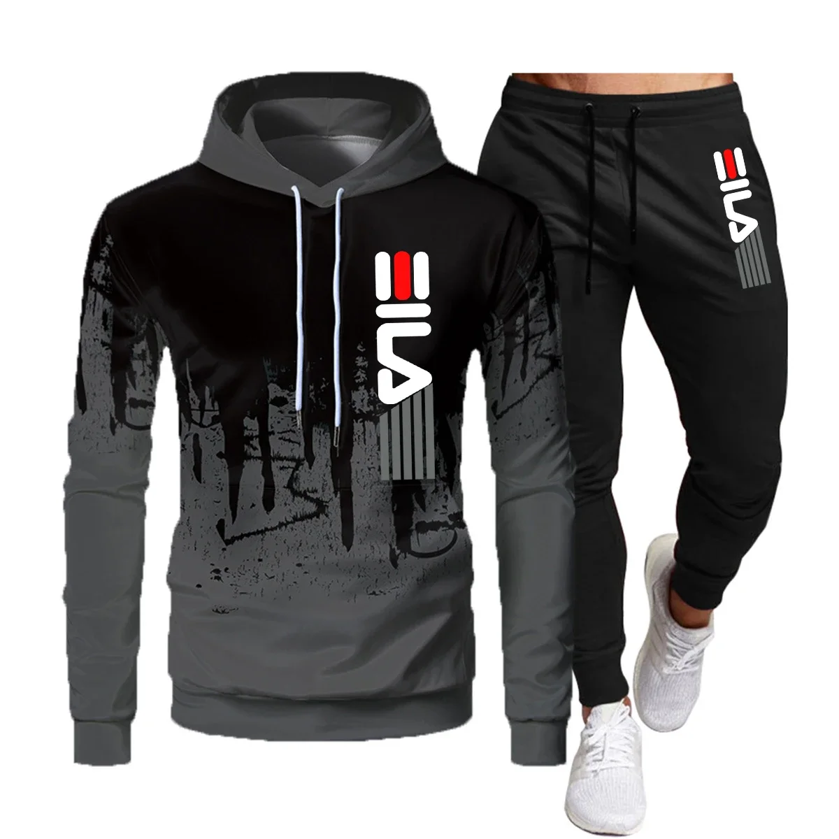 

New 2025 autumn and winter men's casual pullover + trousers two-piece outdoor jogging men's printed hoodie sportswear set