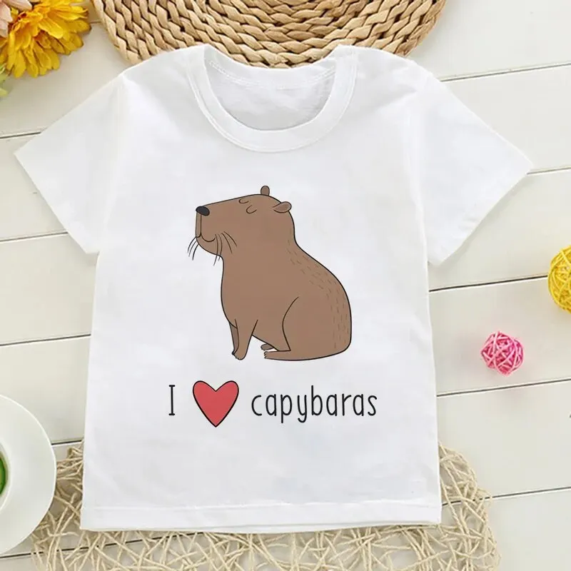 Children\'s Clothing Girls Elementary White Cartoon Capybara Birthday T-Shirt for Boys Short Sleeve Korean Fashion Kids Tee Tops