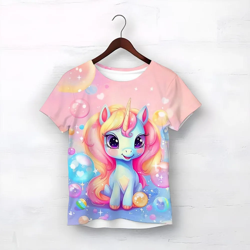 

Girl's T-shirt with cute unicorn print, children's T-shirt, birthday outfit, rainbow color short sleeved shirt top