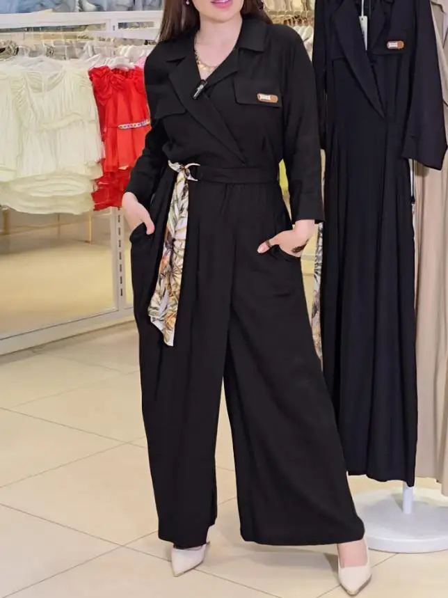 Tuta da donna casual asimmetrica Cinch Temperamento Estate Nuova donna Moda Colletto rovesciato Legato Dettaglio Pagliaccetti a maniche lunghe