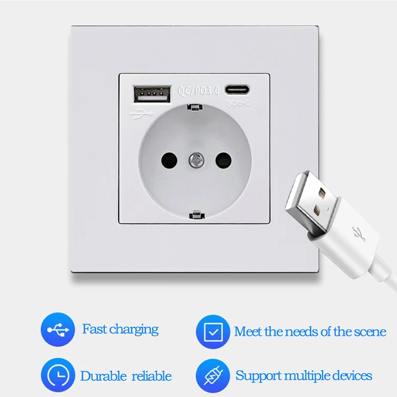 EU Socket USB Type-C Wall Power Switch With Usb Charging Port and Type c 3-IN-1 Wall Socket interface