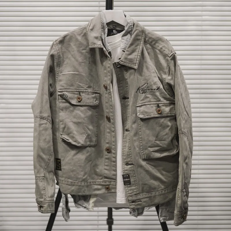 

Autumn Winter New Sle American Khaki Mecha Sle Denim Jaet Heavy Waed Vintage Long Sve Youth Outerwear Coat