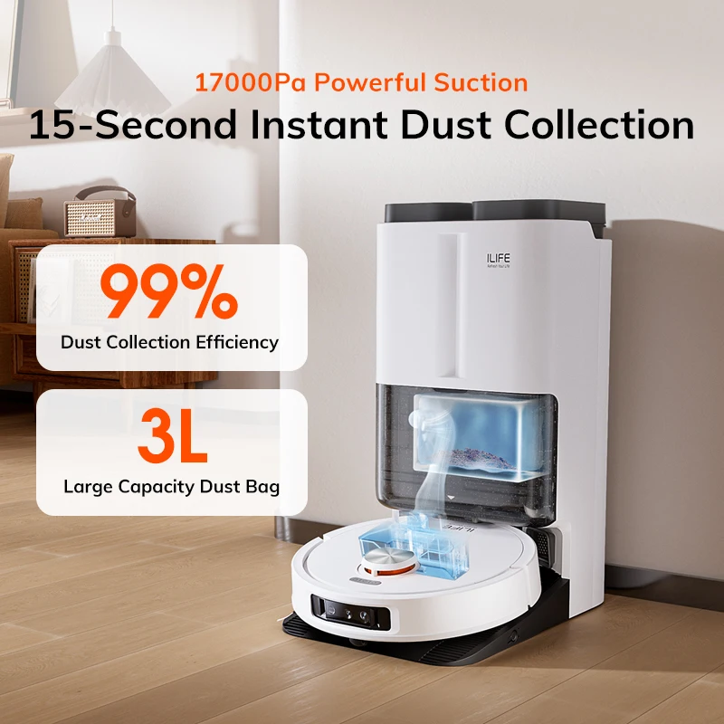 مكنسة روبوت ILIFE T60s مع محطة ذاتية الكفاءة لتجفيف الهواء الساخن، وجمع الشعر، وغسيل تلقائي، وAI وLDS، ورفع الممسحة التلقائية #4