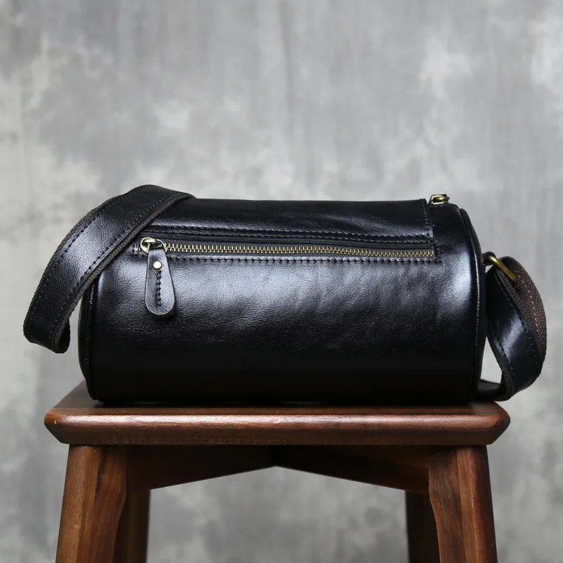 Men's Small Genuine Leather Crossbody Bag  Urban Streetwear Top Grain Cowhide Cylinder Shoulder Bag