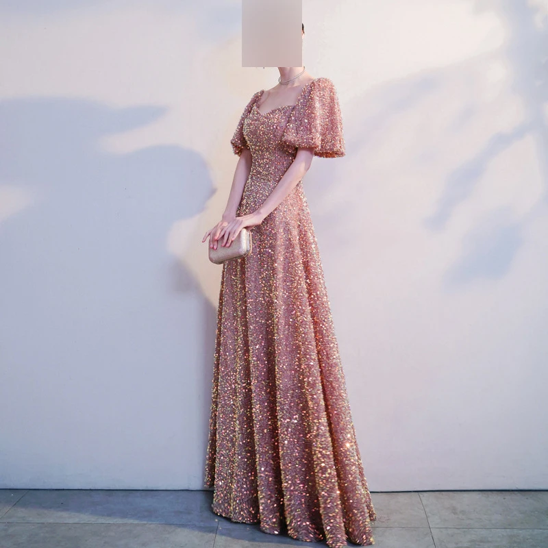 Robe de Soirée Rose à Paillettes pour Femme, Brillante, Manches Courtes, Bal de Promo, Forme Formelle