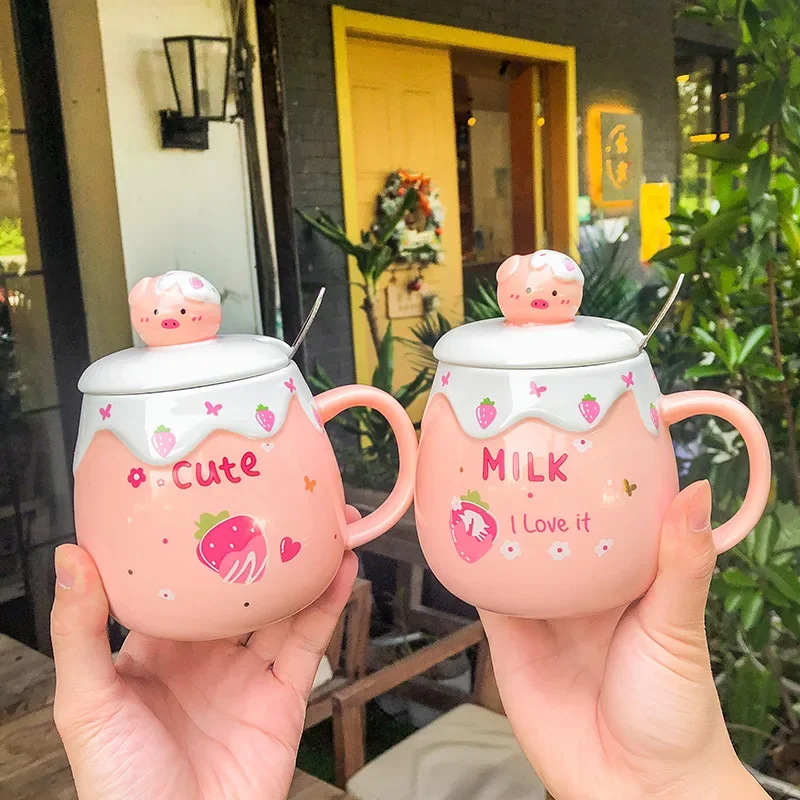 Pig Mug Ceramic Strawberry Cup Korean Girl Cute Pink Mug with Cover Spoon High Temperature Resistant Couple Gift Cup