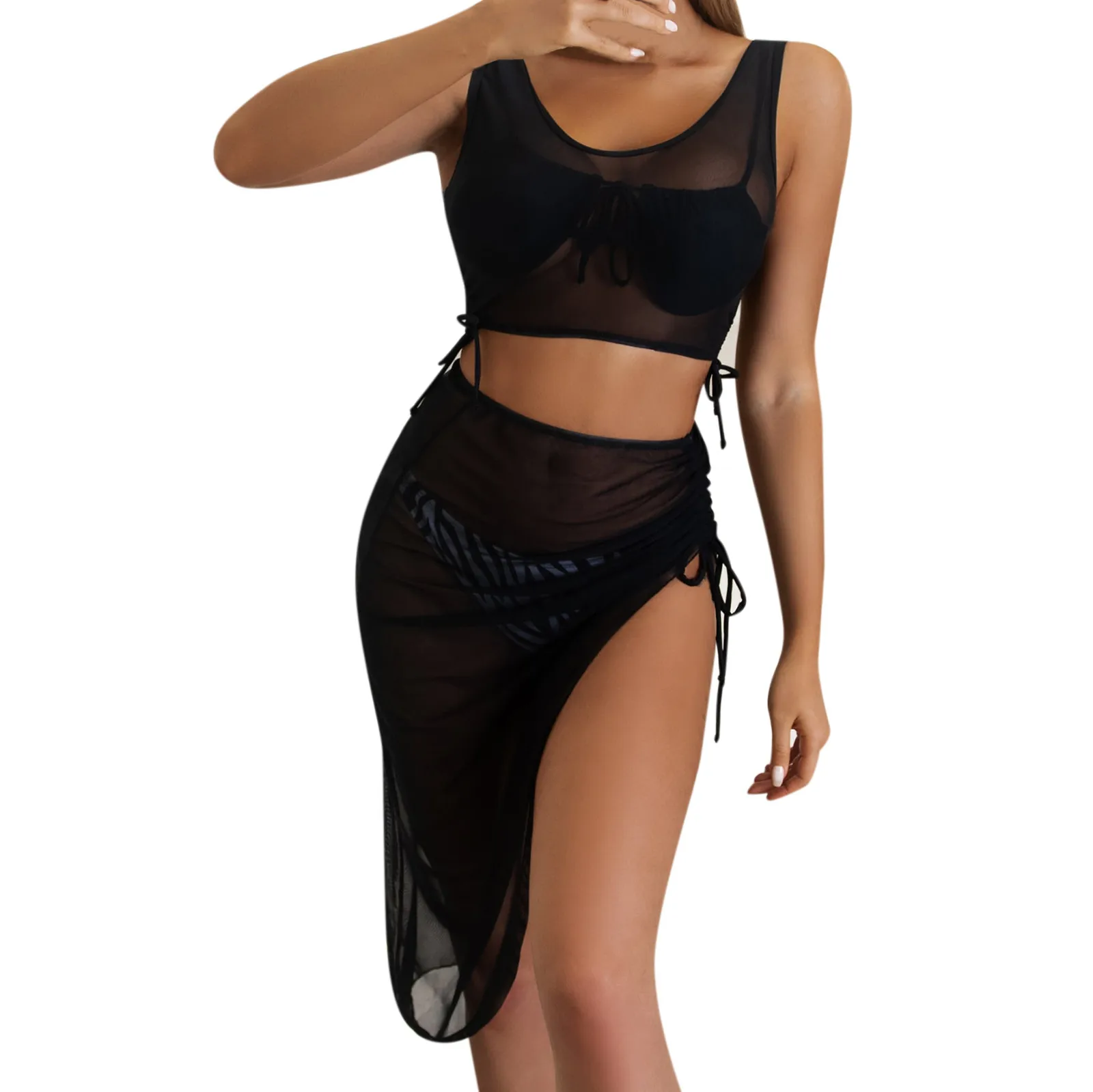 Twee Delige Set Vrouwen Zomer Bikini Cover Up Beach Tank Jurk Set Sexy Mouwloos Mesh Transparante Top Rok Vakantie Strand dragen