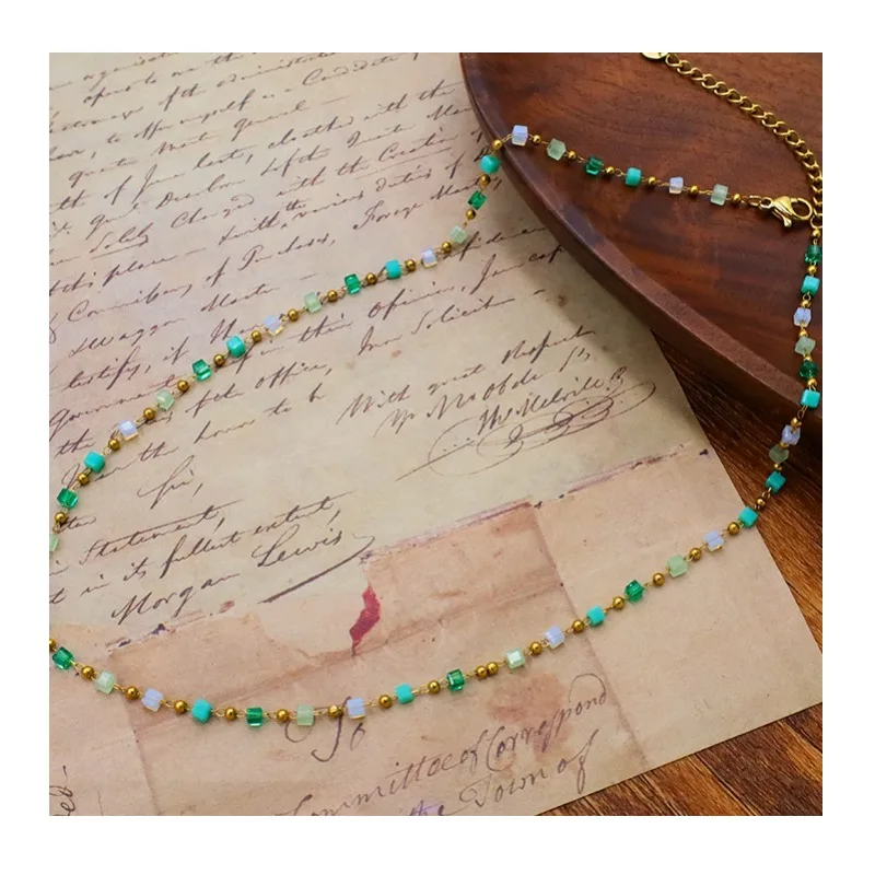 

Green Beaded Sugar Cube Necklace Women's Premium Sense Personality Simple Sweet Necklace Bracelet Set