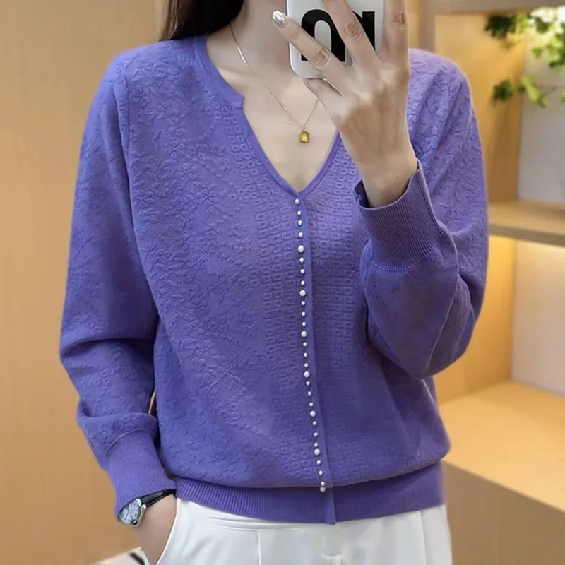 2024 New Summer Office Lady Loose Casual Elegant Fashion Women's Shirt High Waist Solid Color Print V Neck Long Sleeve Chic Tops