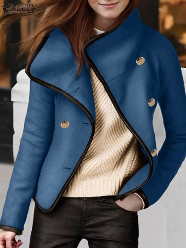 ZANZEA Leisure Knitted Coats Women Long Sleeve Jackets 2024 Casual Lapel Collar Colorblock Outwear American Style Commuting Tops