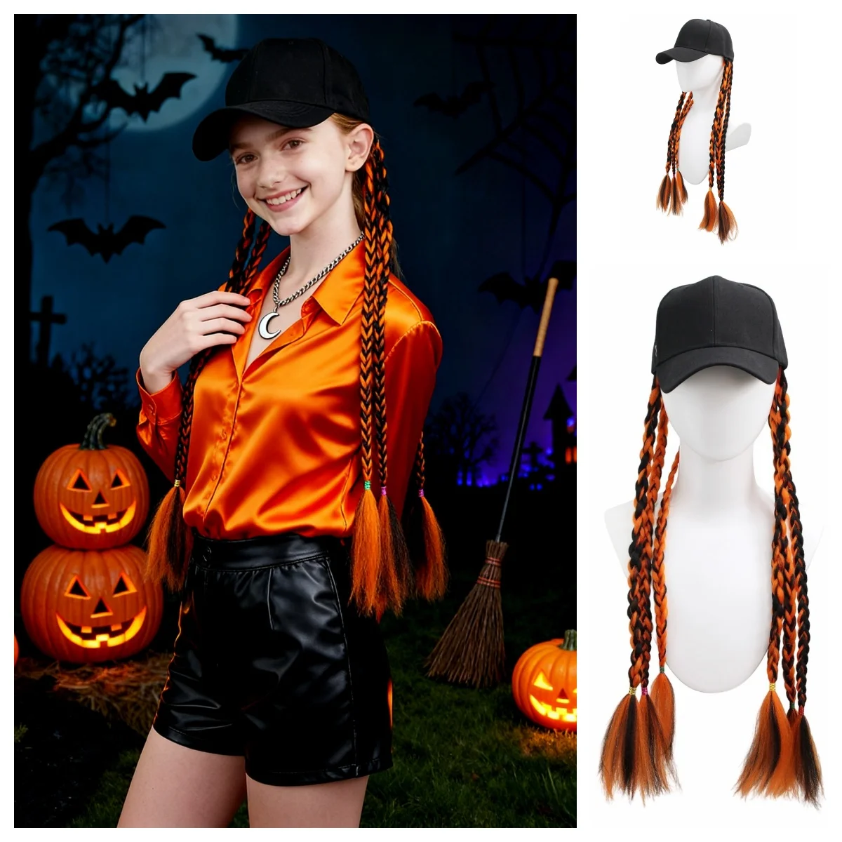 Gorra de béisbol trenzada negra y naranja de Halloween, accesorio para el cabello dulce y fresco oscuro, diseño de peluca sintética con sombrero desmontable de una sola pieza