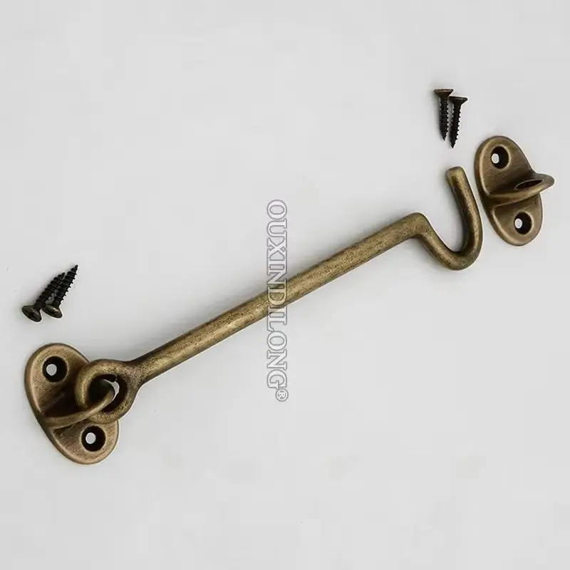 

Retro 10Pieces Solid Brass Thicken Cabin Hooks And Eye Door and Window Latch Lock Wind Hook Shed Gate Door Catch Holder+Screws