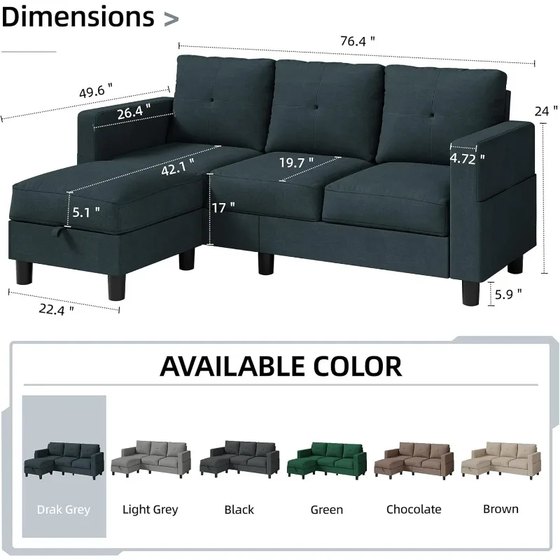 79 Inch Convertible Sectional Sofa Couch, Modern Linen Fabric L-Shaped , 3-Seat Sofa Sectional with Reversible Chaise