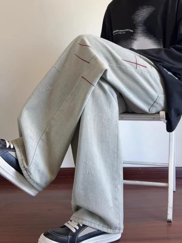 

Мужские джинсы Yellow Clay в американском стиле High Street, широкие, прямого кроя, осенняя новинка, модные, износостойкие, эластичные, D...