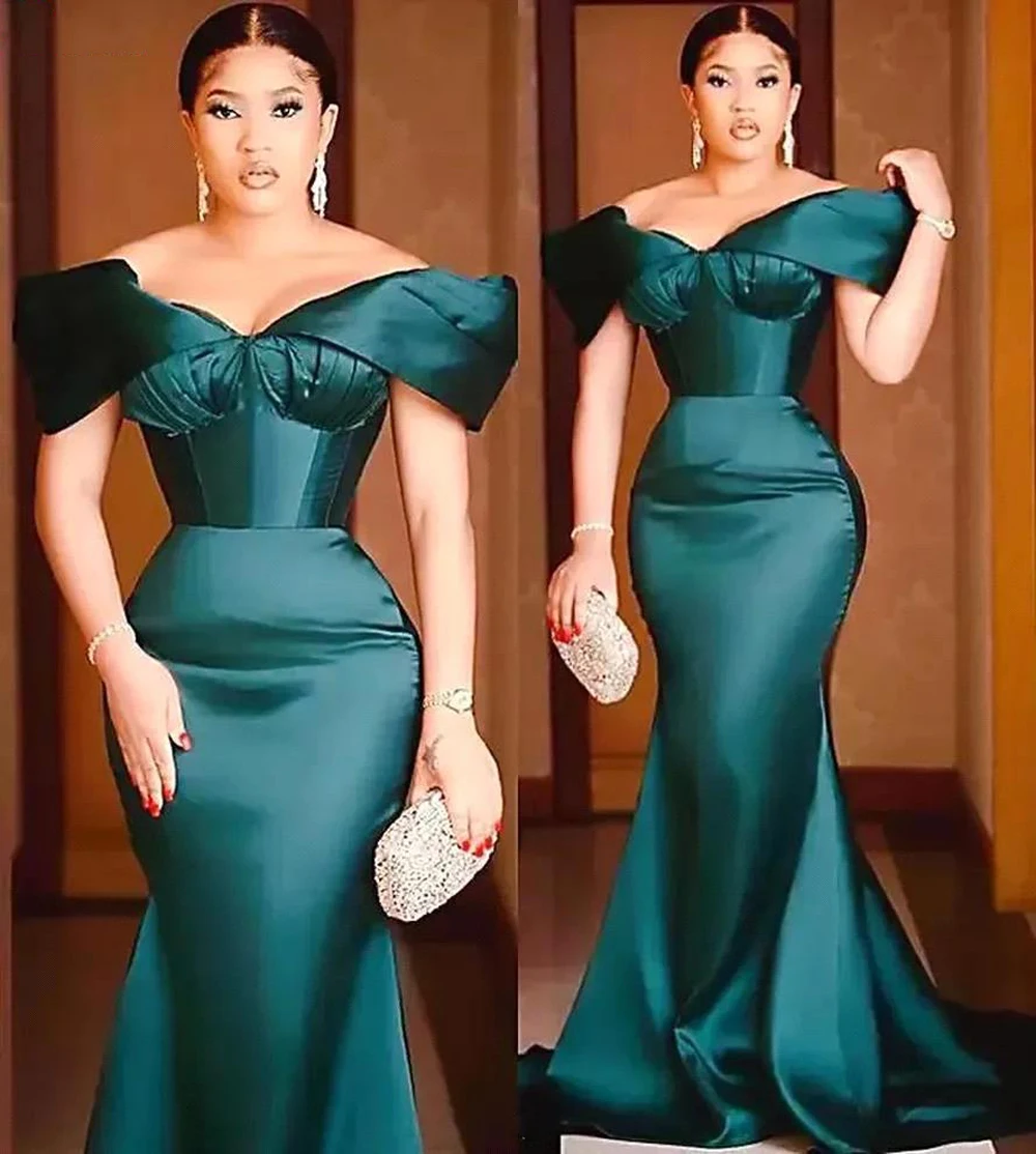 Schulter freie dunkelgrüne Abendkleider Satin Meerjungfrau gekräuselt lange Robe Femme African Plus Size Plissee formelle Party Ballkleider