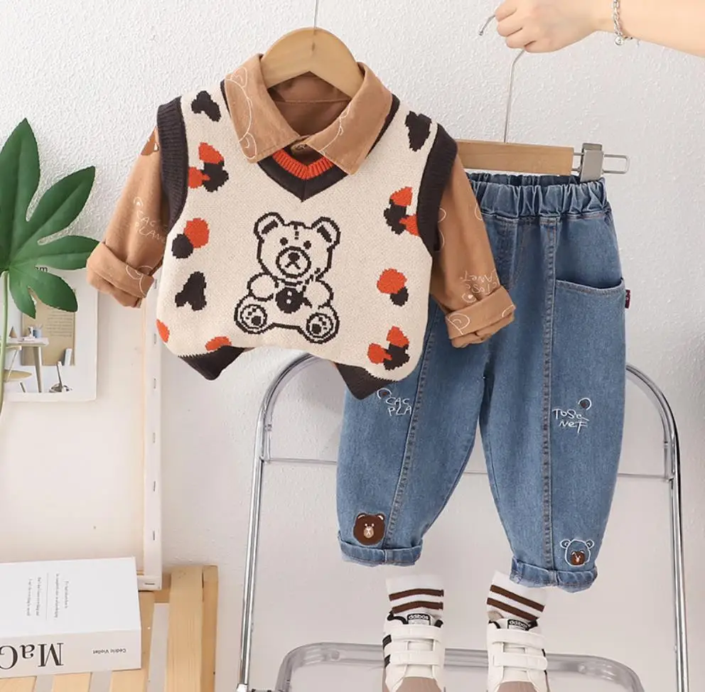 Kids Sweater Sets 2024 New Foreign Style Baby Boys Clothes Cartoon Bear Knitted Vest+Shirts+Pants 3PCS Outfits Boy Jogging Suit