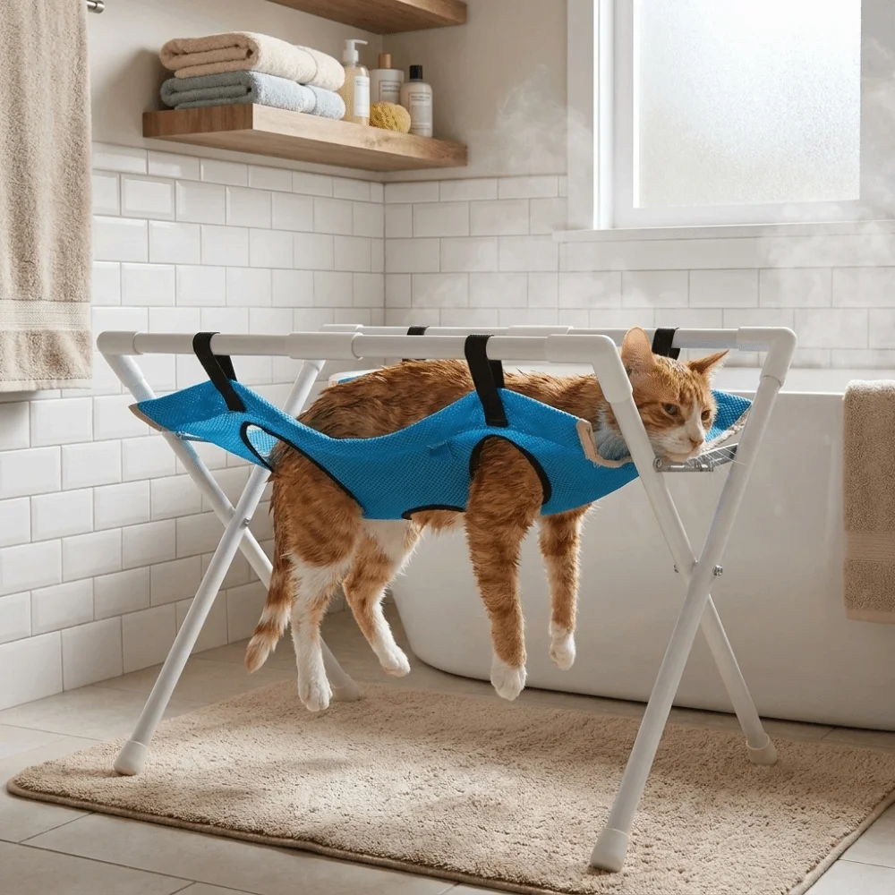 Folding Cat Bathing Rack Quick-Dry Mesh Breathable Pet Washing Station Stable Structure Detachable Nail Clipping Table