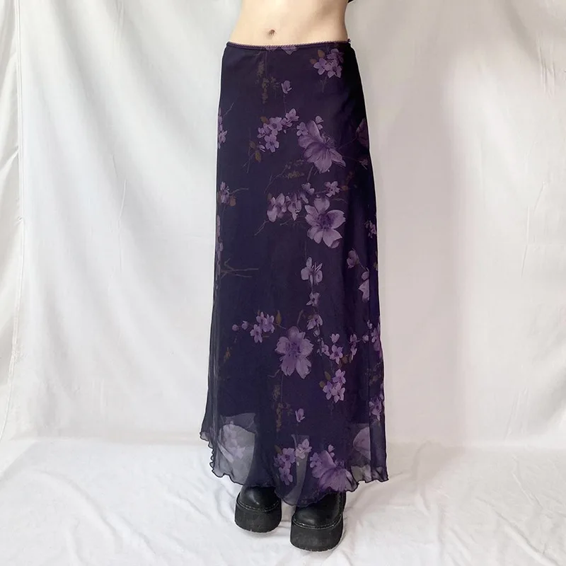 Zeyla Gonna lunga con pannelli in rete con stampa vegetale viola vintage Gonna lunga lusinghiera dimagrante per donna Boho Casual da indossare ogni giorno