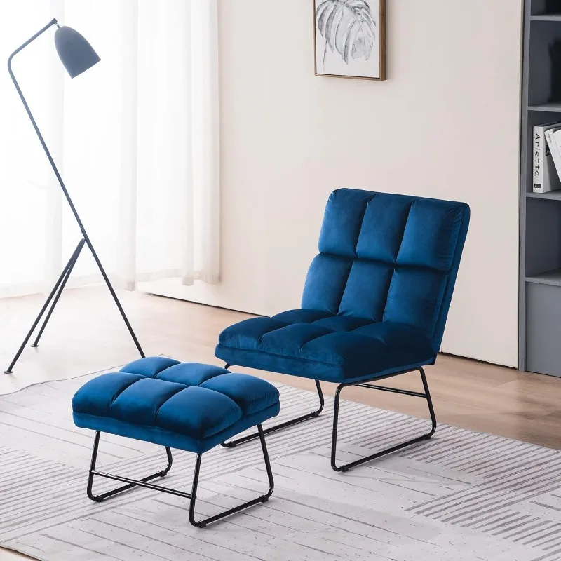 Accent Chair with Ottoman, Velvet Modern Metal Legs, Club Chair Lounge Sofa Couch for Living Reading Room Bedroom (Blue)