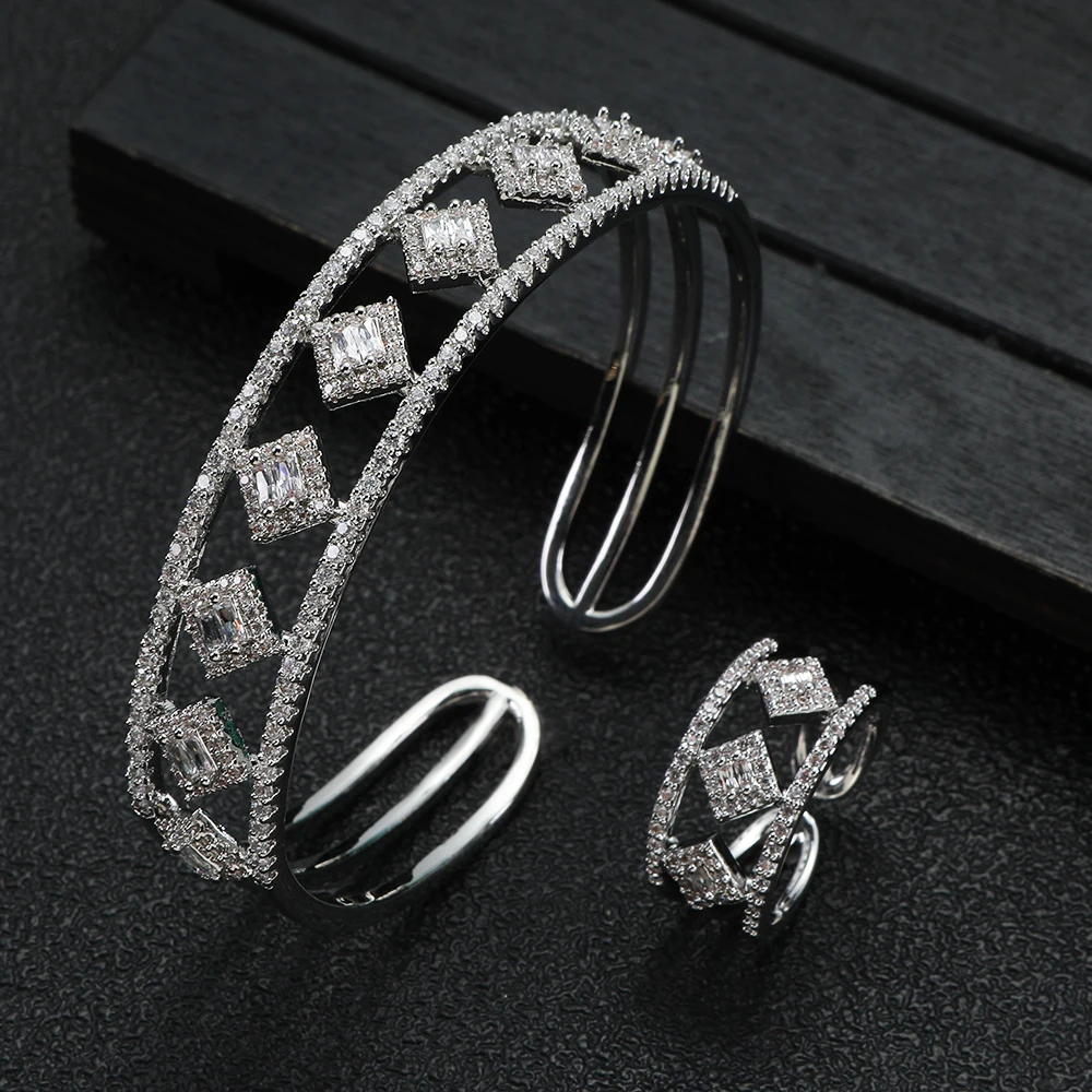 Luxury 2PCS Dubai Bangle Ring Set Fashion Jewelry For Women Wedding Engagement Brincos Para As Mulheres HXS022 S659