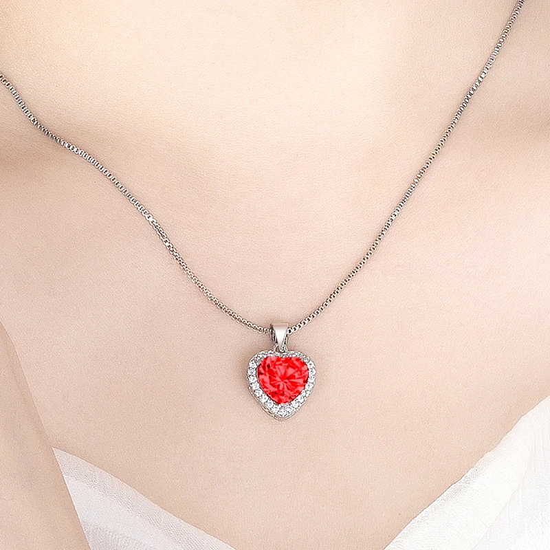 Neue Mode 925 Sterling Silber Herz CZ Anhänger Halsketten Frauen Schmuck Jahrestag Geschenk Lila & Rot & Rosa Zirkon Schlüsselbein kette – Detail 19