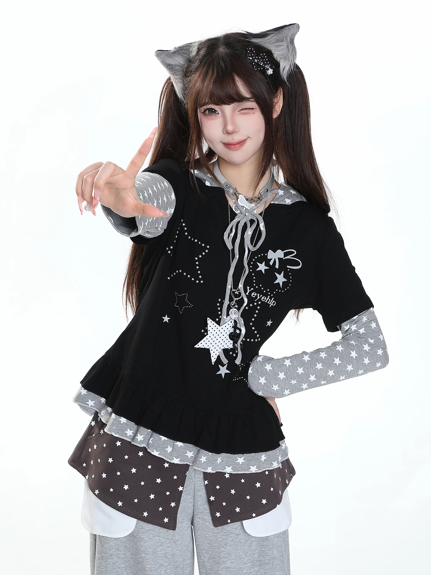 Sweet Spicy Girl Y2K Star Print Long Sleeve Hoodie Women's Slimming Short T-shirt Autumn High Waist Casual Fashion Breathable