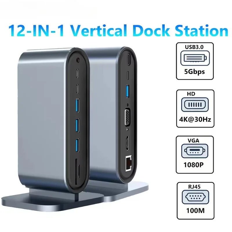 12-in-1 USB C Docking Station Splitter Type C to HDMI 4K HD VGA RJ45 3.5mm SD TF USB 3.0 PD 100W Adapter for Laptop MacBook