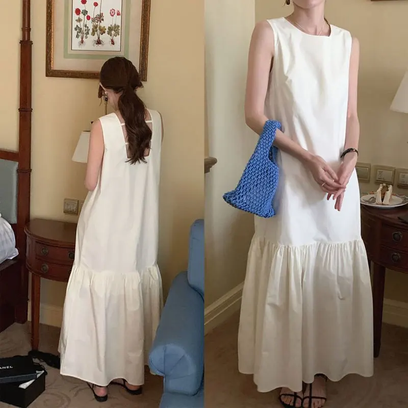 Female Clothing Ruffles Spliced Dresses Fashion Backless Sleeveless Summer Round Neck Loose Solid Color All-match Long Dress New