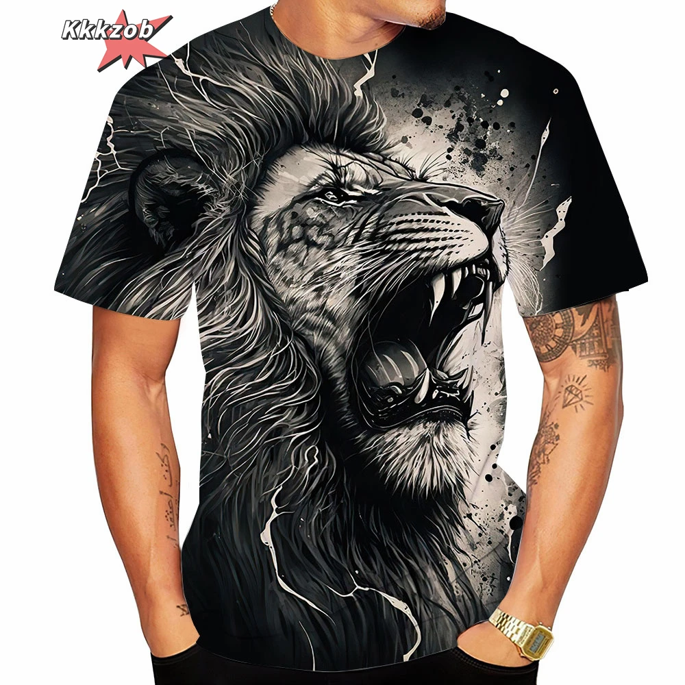 

Мужские футболки с принтом свирепых льва, летняя повседневная футболка на каждый день, уличная мода, мужская футболка большого размера для активного отдыха с коротким рукавом