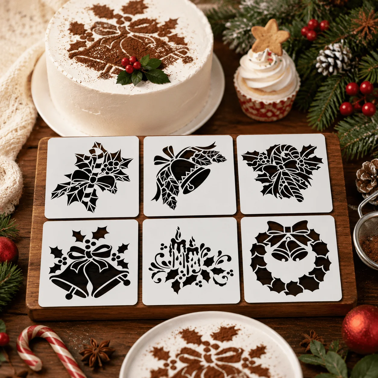 6 Pack Christmas Cookie & Cake Stencils, Holly Bell Candle Wreath Patterns, Reusable Baking Decorating Templates