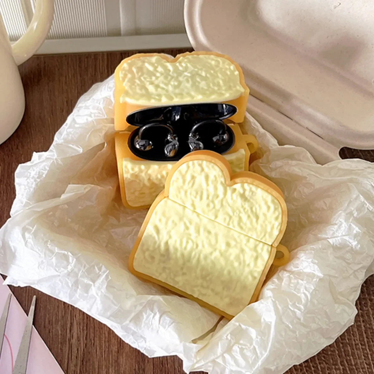 

for Huawei FreeClip Ear Buds Cover,Cute Creative Toast Food Pattern Design Silicone Headphone Case with Keychain for Girls Boys