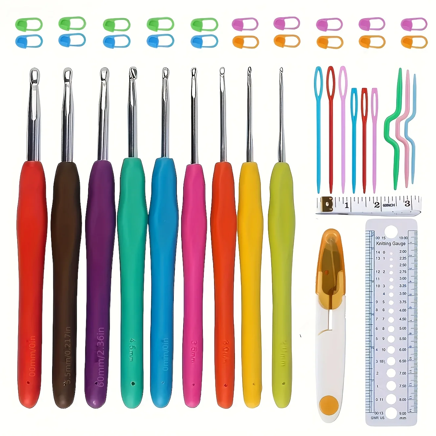9-teiliges Ergonomisches Häkelnadel-Set mit Weichem Griff Stricknadeln-Kit Maschenmarkierer Nähwerkzeuge für DIY-Handwerk Zubehör