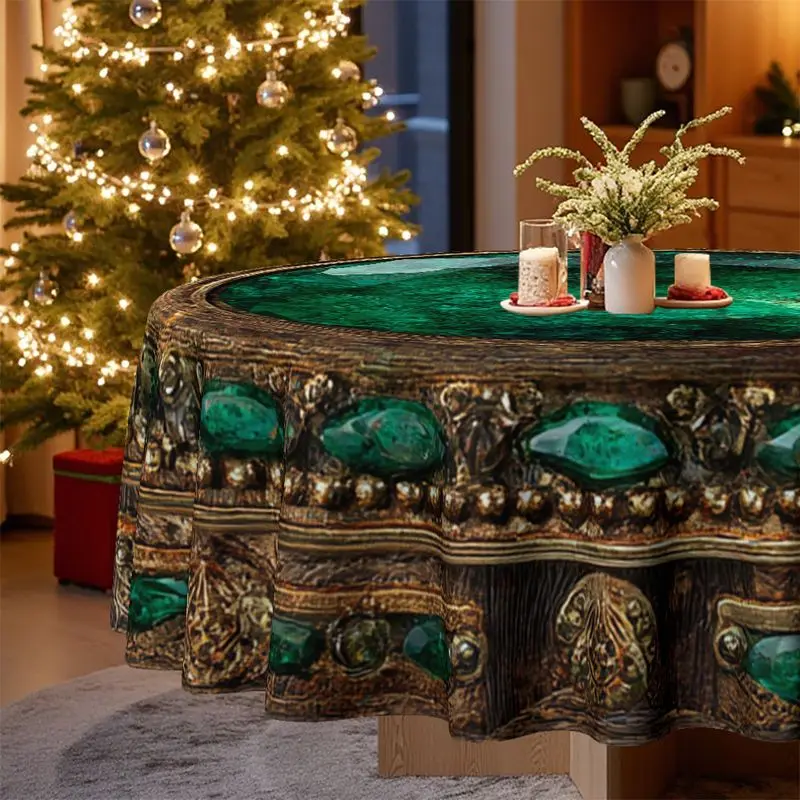 VIKAMA Emerald Green Round Tablecloth Vintage Ornate Jewel Gem Antique Gold Luxury Round Table Cover Dining Holiday Kitchen