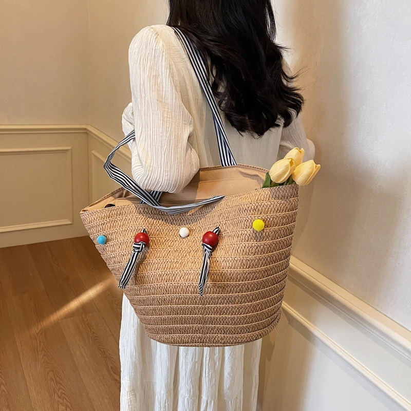 

New Straw Tassel Solid Color Zipper Shoulder Bags Casual Sweet Beach Vacation Bag 2026 High Quality Large Capacity Youth Bags