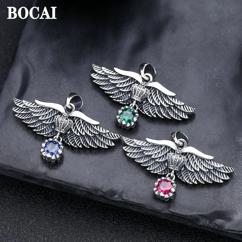 

BOCAI New Real S925 Silver Retro Personality Fashion Wings Crown Pendant for Women Diamond Trend Jewelry Birthday Gift