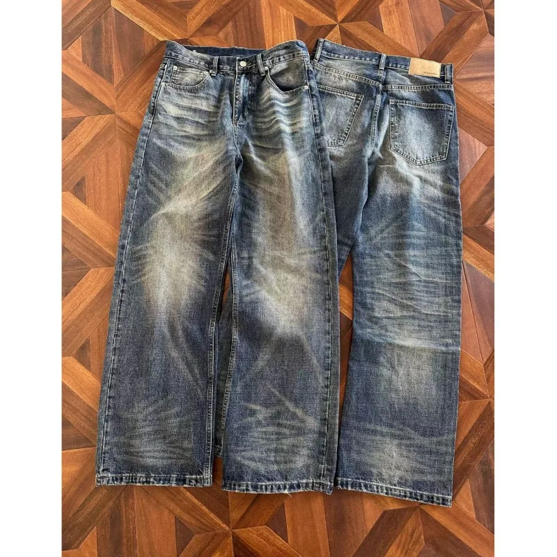 Men American Street Washed Jeans Retro Fading Denim Pants Loose Straight Wide Leg Trousers Cleanfit Trendy Baggy Casual Pants