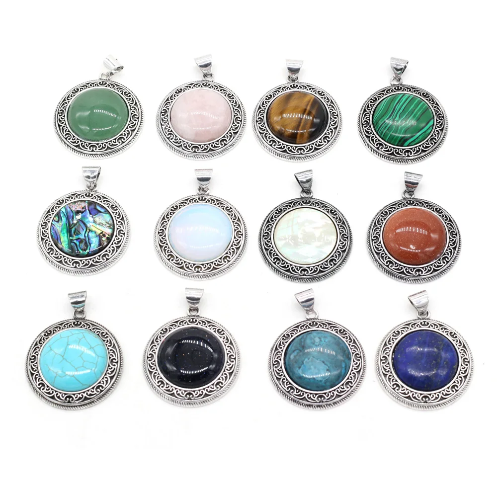 Natural Stone Rose Quartz Lapi Lazuli Abalone Round Pendant For Jewelry MakingDIY Necklace Earring Accessories Charm Gift38x42mm