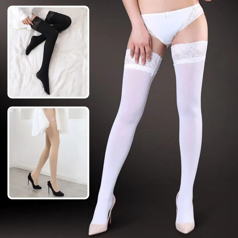 Female 100D Velvet Lace Stockings Office Lady Wear Over Knee Hight Tube Stocking Standard Long Socks for Women Girls