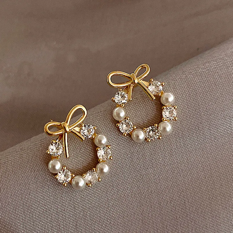

FTCY Minimalist Round Bow Knot Earrings For Women Rhinestone Imitation Pearl Stud Earrings Party Wedding Jewelry Gifts