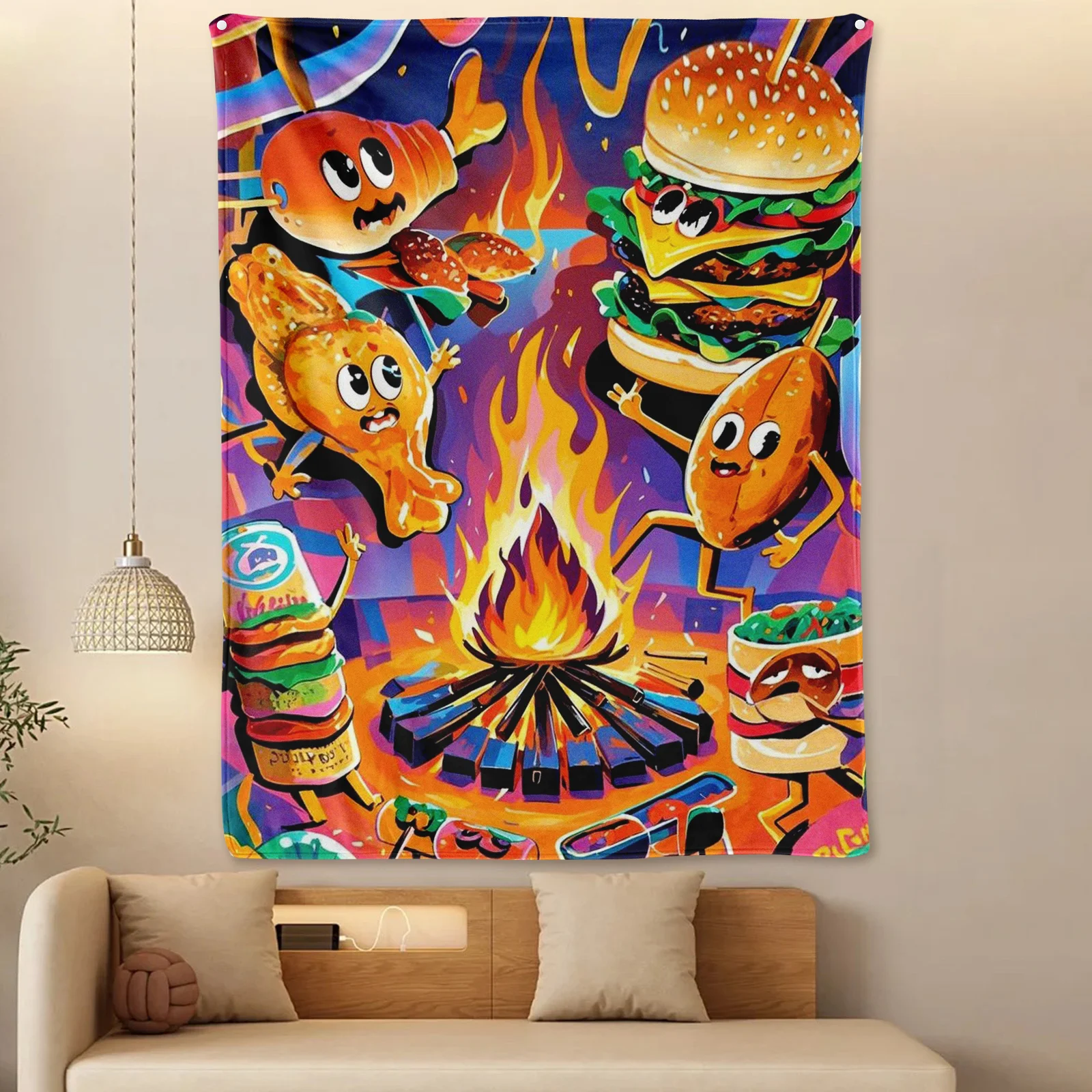 Personified BBQ Flame Multicolor Blanket For A Unique And Vibrant Accent To Your Outdoor Events Or Home Decor Aesthetic Style