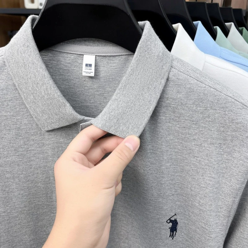 Men's 100% Cotton Polo with Horse Embroidery & Color-Matched Snaps, High-Value Basic Short Sleeve