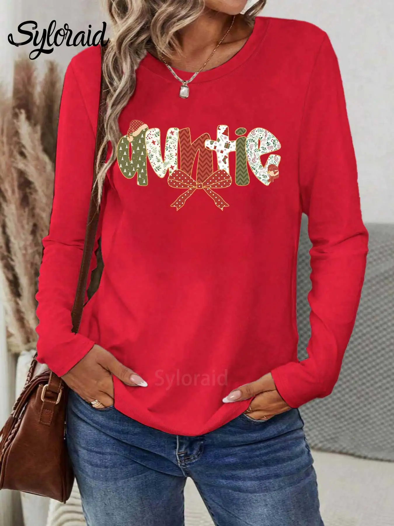 Damen-T-Shirt mit langen Ärmeln, Tante, Weihnachten, roter Hut, Schleife, Aufdruck, modisches Rundhals-Casual-Top