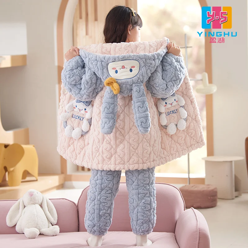 

Sanrio зимние бархатные пижамы кораллового цвета для девочек Cinnamoroll, детский трехслойный стеганый утолщенный комплект домашней одежды с героями мультфильмов для девочек, новый