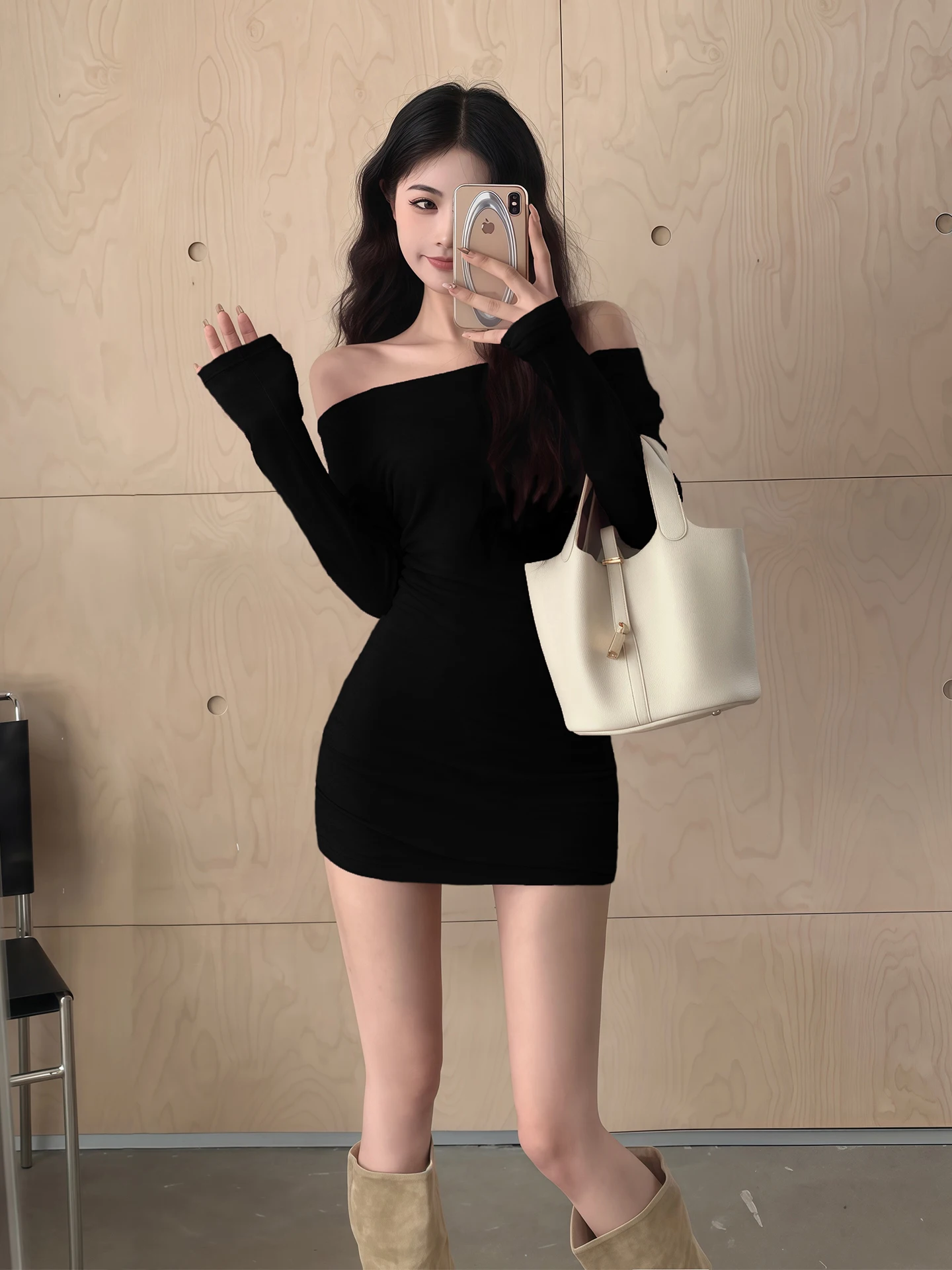 

Slim Fit ort Sve Long Dr Women's Faion Ci Commute Bla oulder Dr Inner Wear High Waist Tapered Skirt