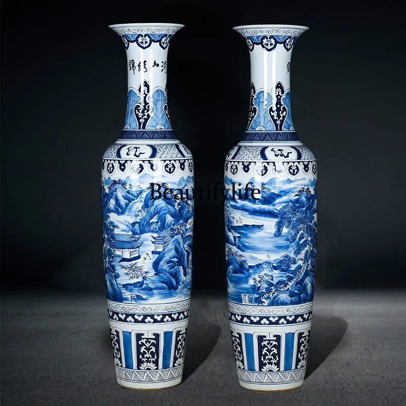 Jingdezhen ceramics floor-to-ceiling vase hand-painted antique blue and white porcelain Splendid Mountain and River Hall  opened