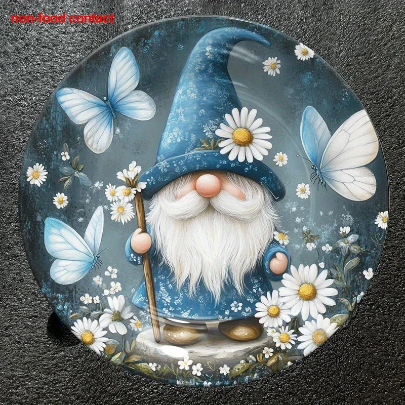 1pc Vintage Blue Gnome with Butterflies & Daisies Ceramic Hanging Wall Art Plate - 8.0inch Round Non-Food Contact Home Decor,