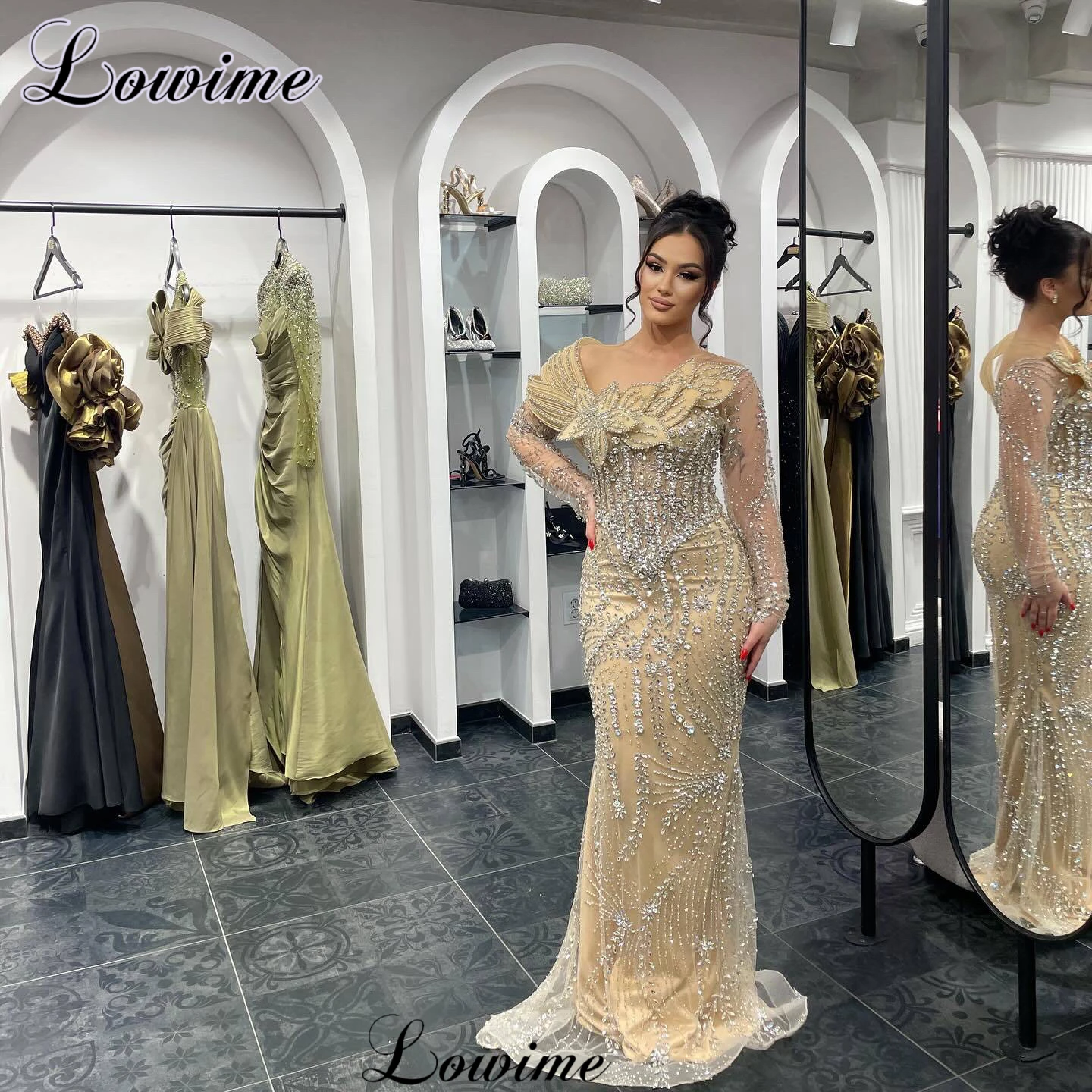 Luxury Full Crystals Evening Dresses With Detachable Train Long Sleeves Formal Occasion Dresses Robes De Soirée Customized